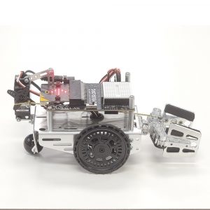 Product image of Gripper Kit for Parallax small robots, assembled on cyber:bot with micro:bit, gripper open position