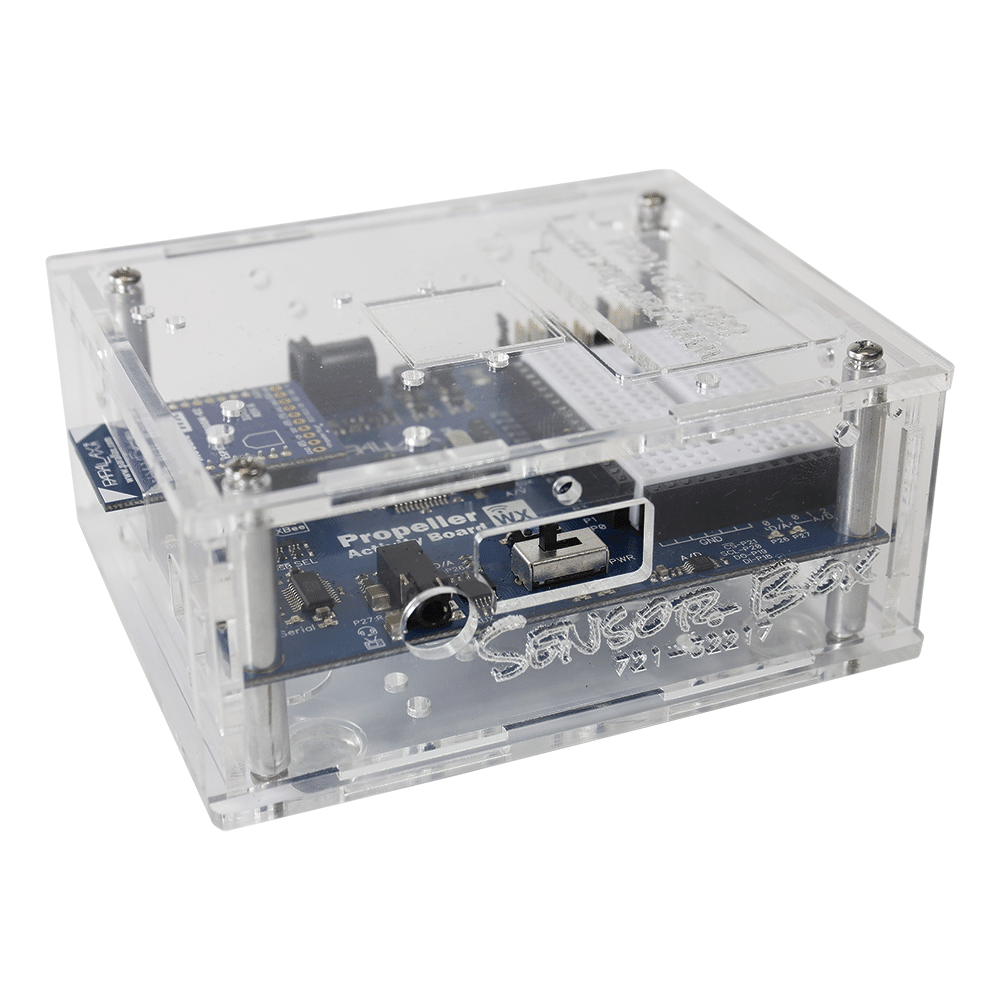 Parallax Sensor Box Kit assembled view with board (board not included).