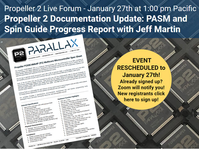 P2 Live Forum - Documentation Update for PASM2 and Spin2 with Jeff Martin - Jan 27 2022 1pm PT link to Zoom registration